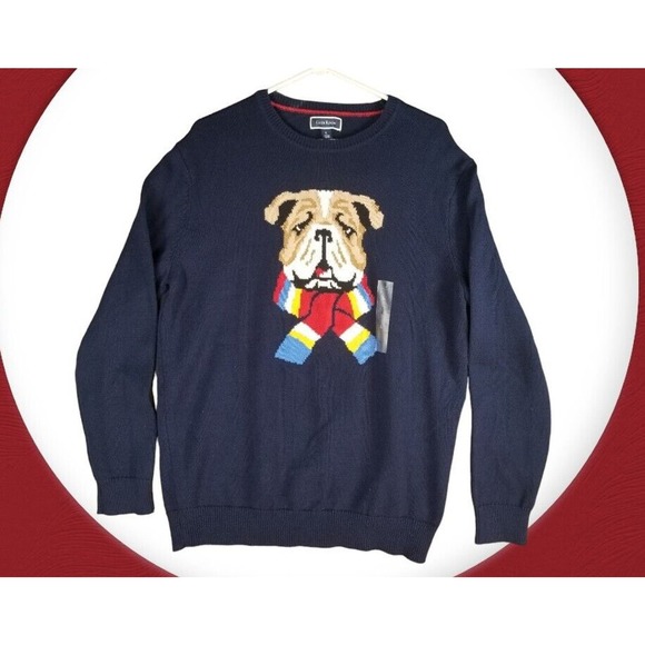 Club Room Pullover Dog Scarf Sweater Size L Blue BullDog Ski‎ Knit Cotton NWT - Picture 1 of 5